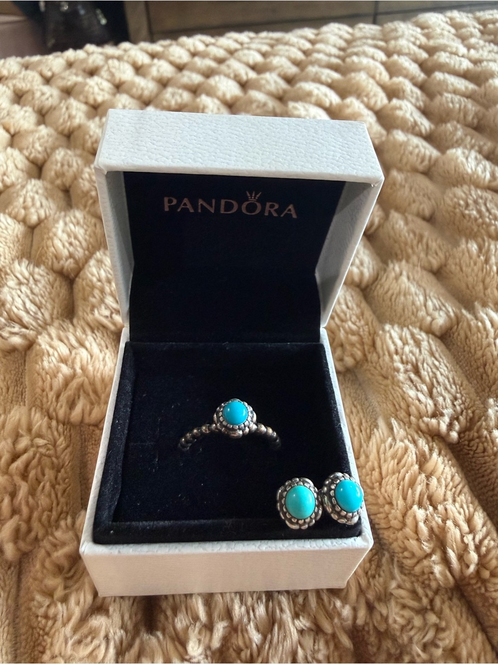 Pandora Turquoise Blue Ring & Stud Set- birthstone ring & earrings for December